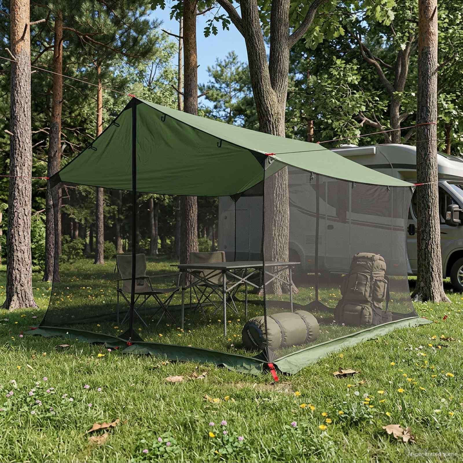 Camping tarp med meshvægge - grøn 340 × 260 × 220 cm