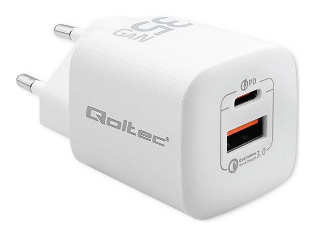 Qoltec GaN vægoplader 35 W med PD og QC 3.0 - USB-C + USB-A - hvid