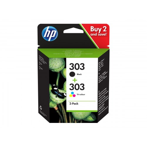 HP 303 blækpatroner - 2‑pak: sort + trefarve (cyan, magenta, gul)