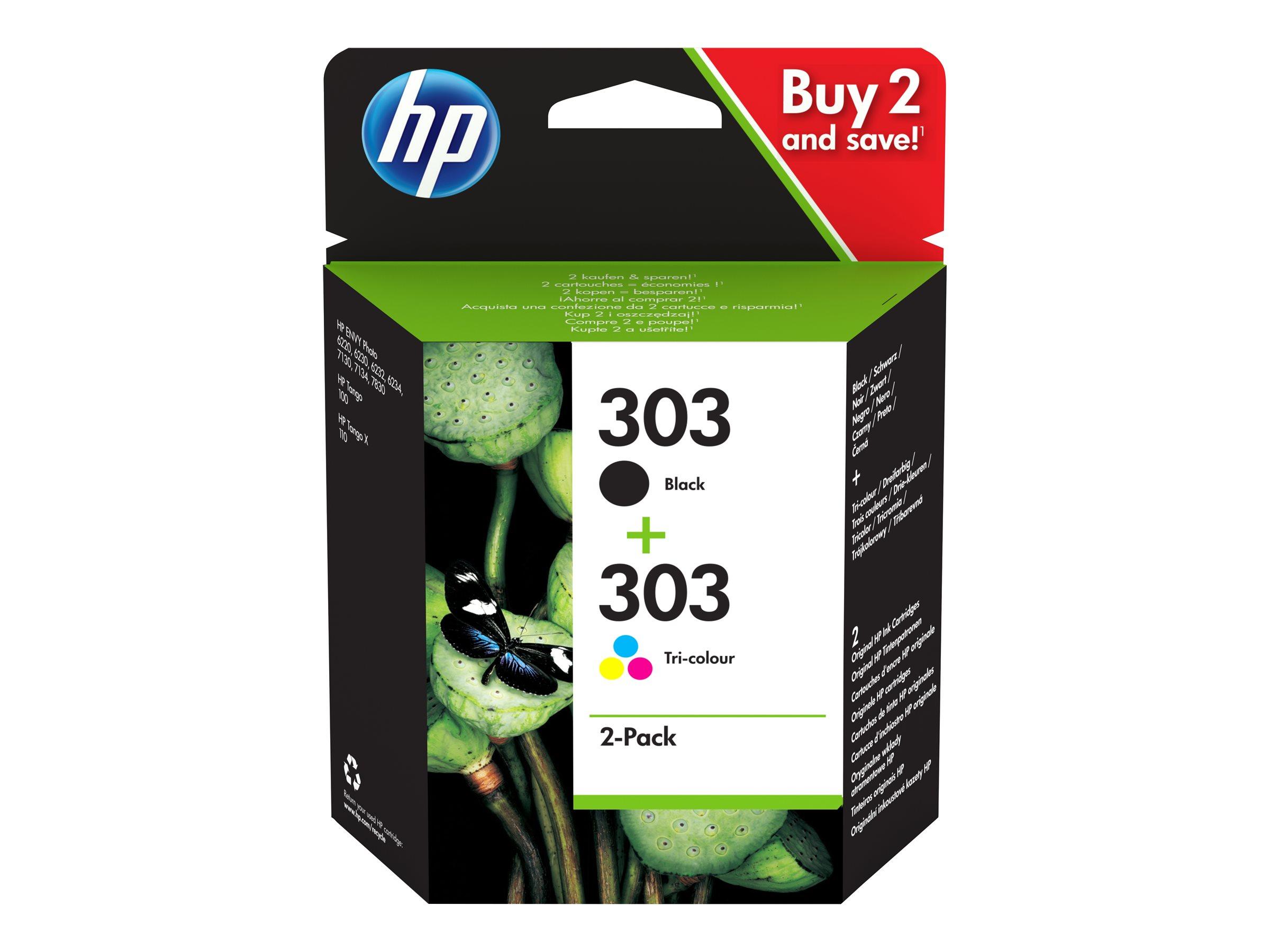 HP 303 blækpatroner - 2‑pak: sort + trefarve (cyan, magenta, gul)