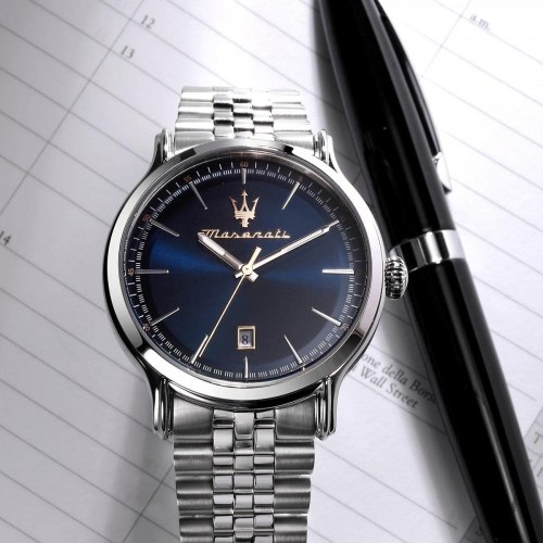 Maserati herreur - sølvfarvet armbåndsur med blå skive, 42 mm (OUTLET C)