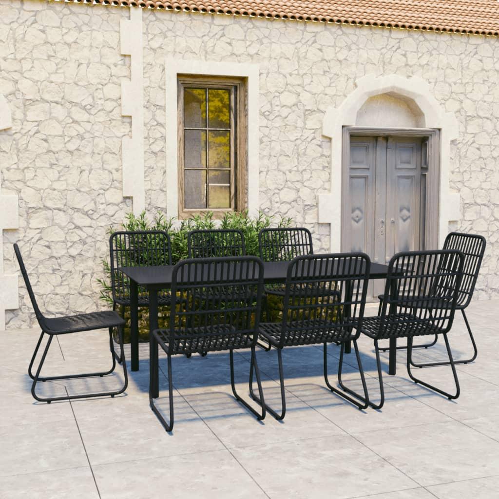 Udendørs spisebordssæt 9 dele - polyrattan og glas, sort