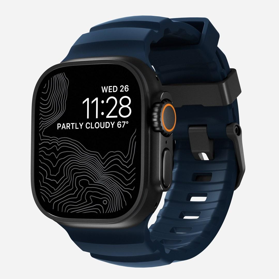 Nomad Rocky Point rem - sort læder og titanium, Atlantic Blue spænde (til Apple Watch)