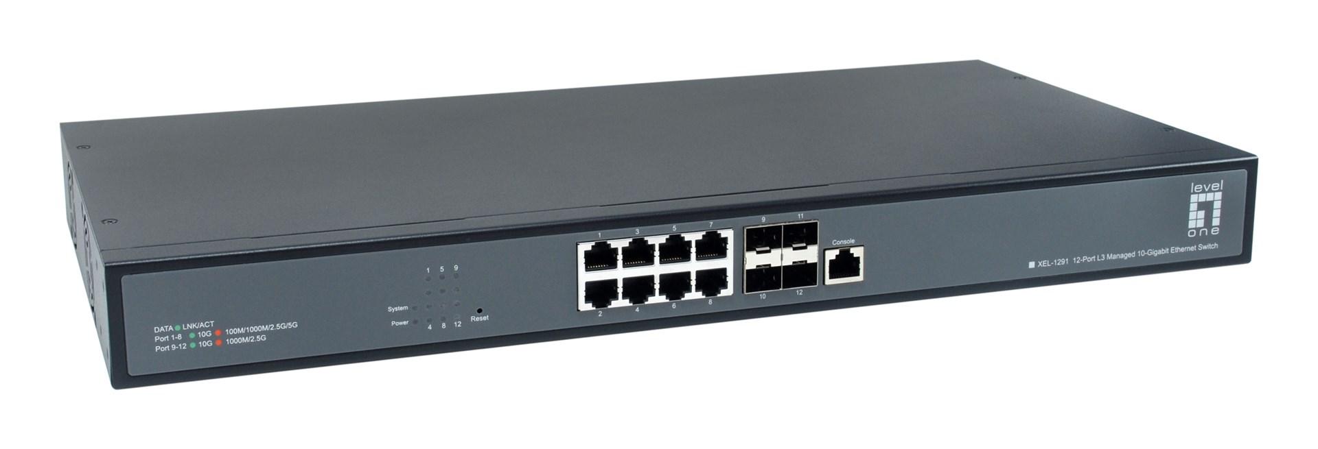 LevelOne 12-ports L3 managed 10‑Gigabit switch - 8 x 1G/2,5G/5G/10G RJ45, 4 x 1G/2,5G/10G SFP+ uplinks, 19" rackmount billede