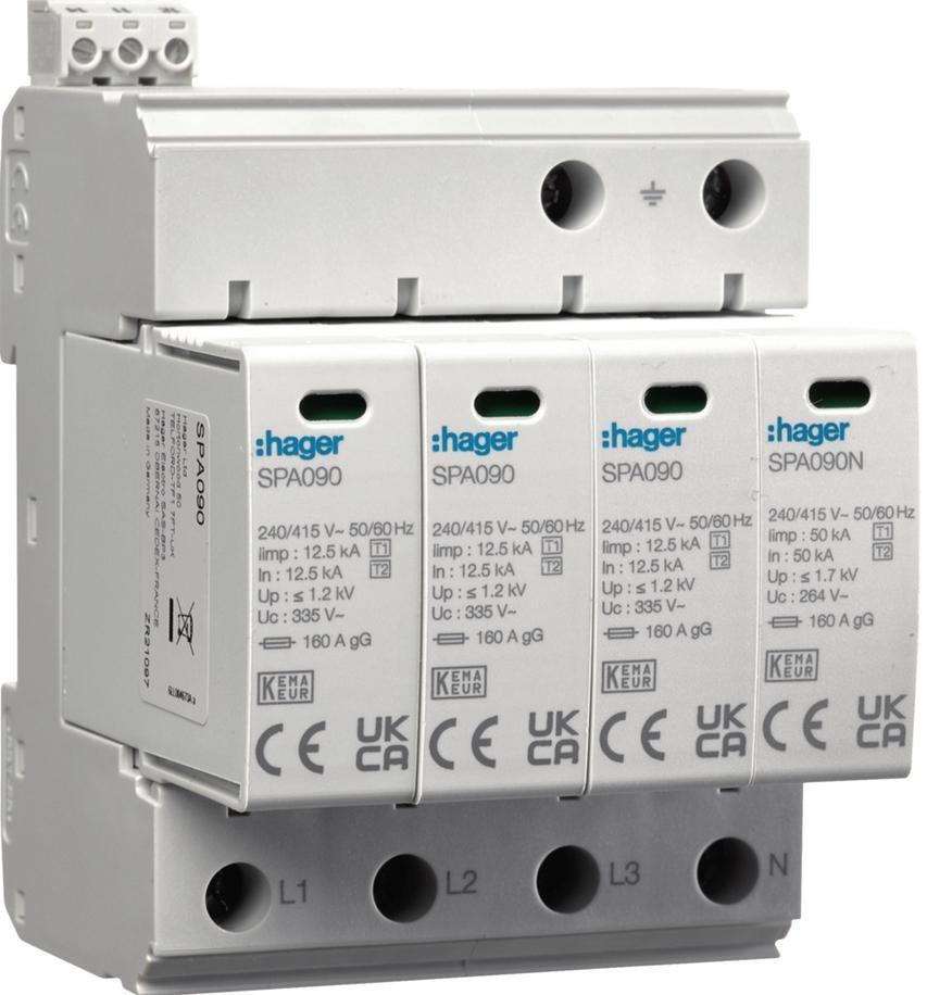 Hager SPA931 overspændingsbeskyttelse T1+T2 (B+C) - 4-polet, 12,5/50 kA, 1,5 kV, TN-S