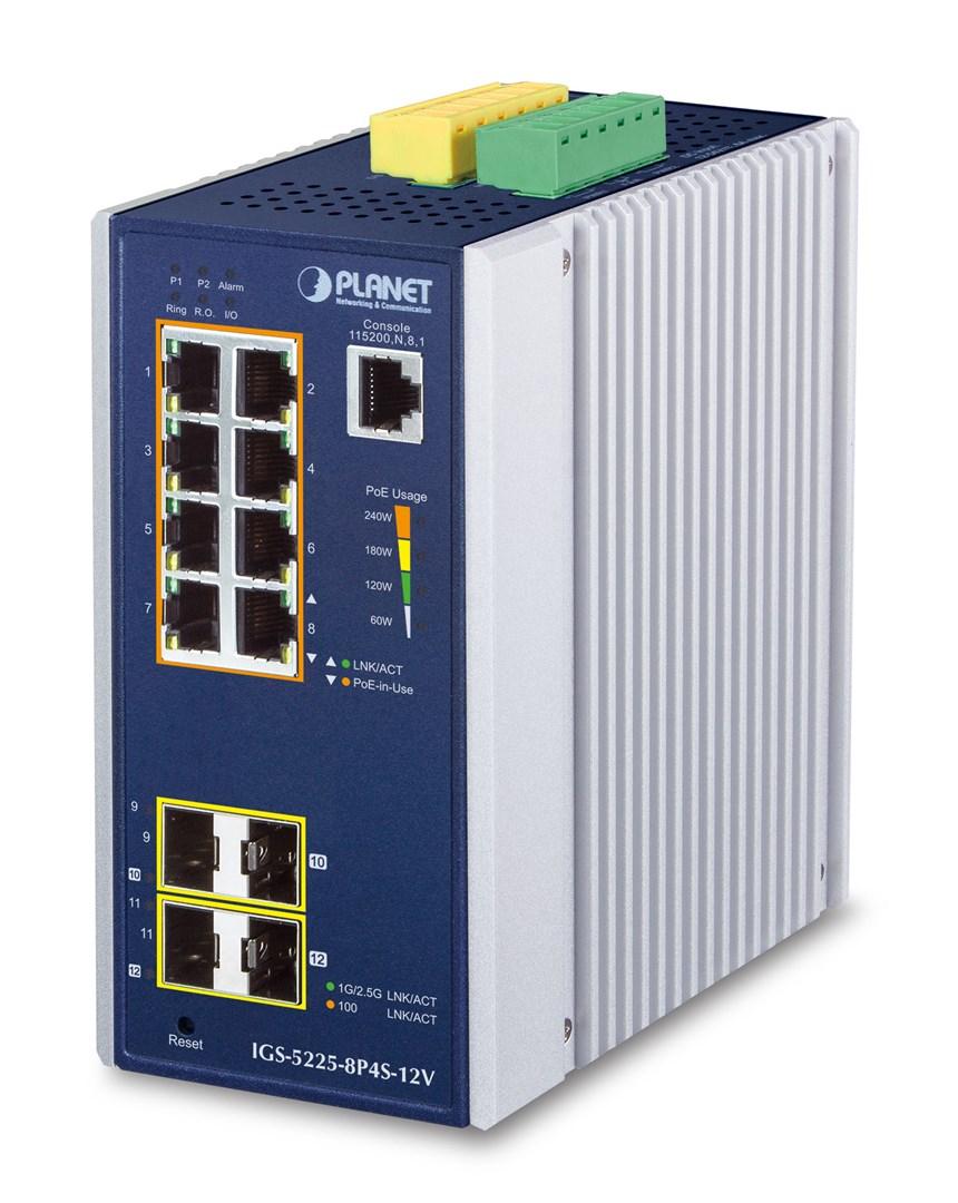 Planet IGS-5225-8P4S-12V - industriel 8-port Gigabit PoE+ switch med 4 SFP (2×1G + 2×2,5G), L2+ - blå/aluminium