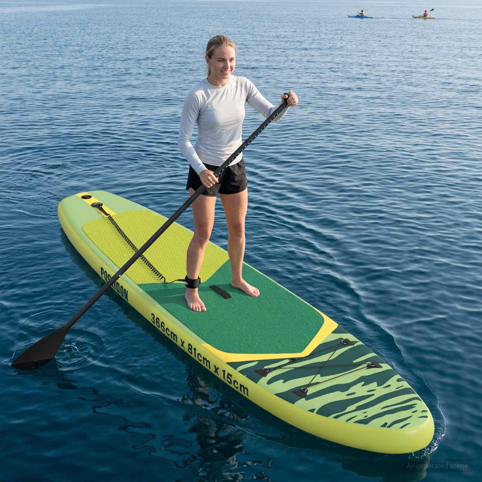 Oppusteligt stand up paddleboard 366 × 81 × 15 cm - grøn (POSEIDON)