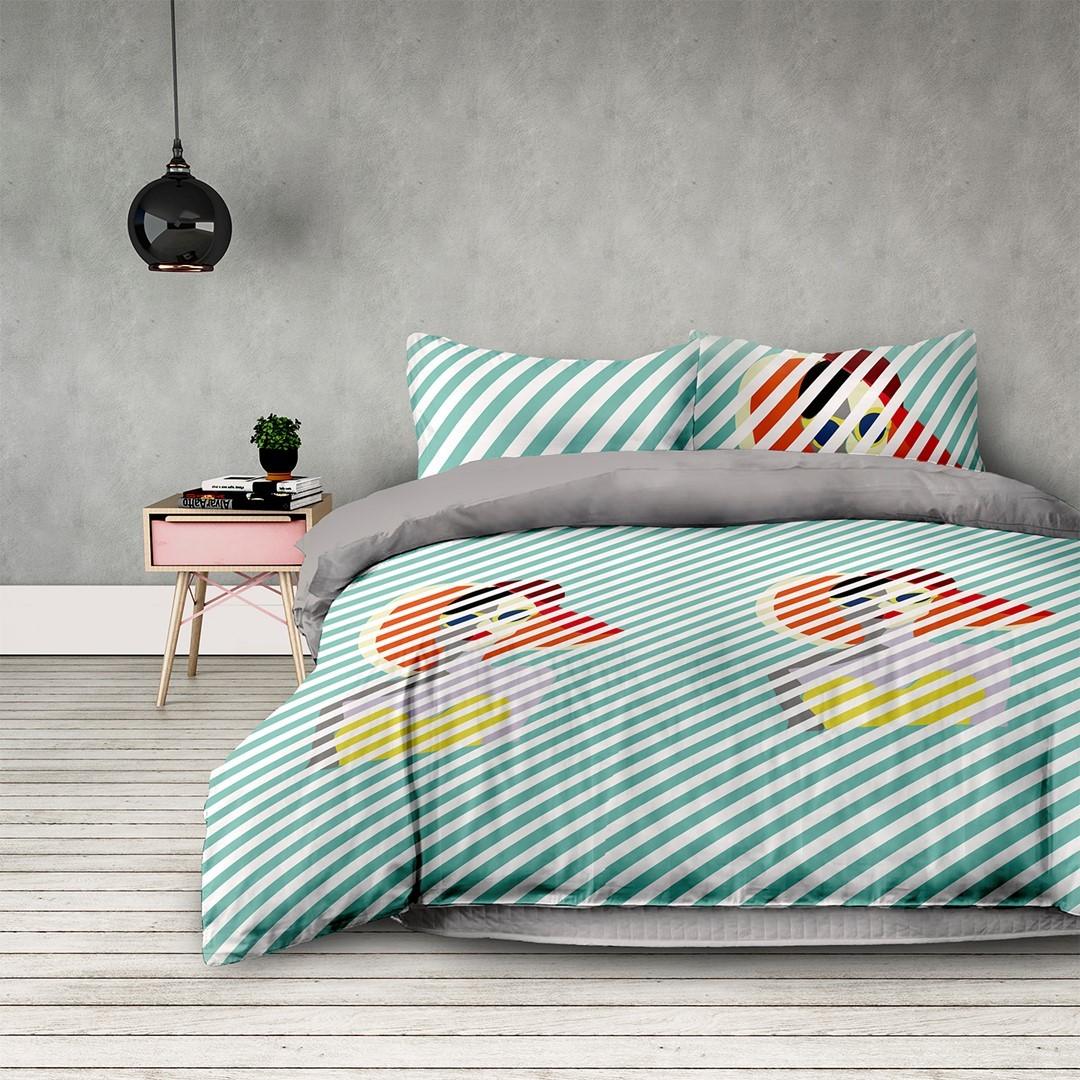 AmeliaHome BASIC sengetøj 155x220 cm + 80x80 cm - mintgrøn, trykt motiv
