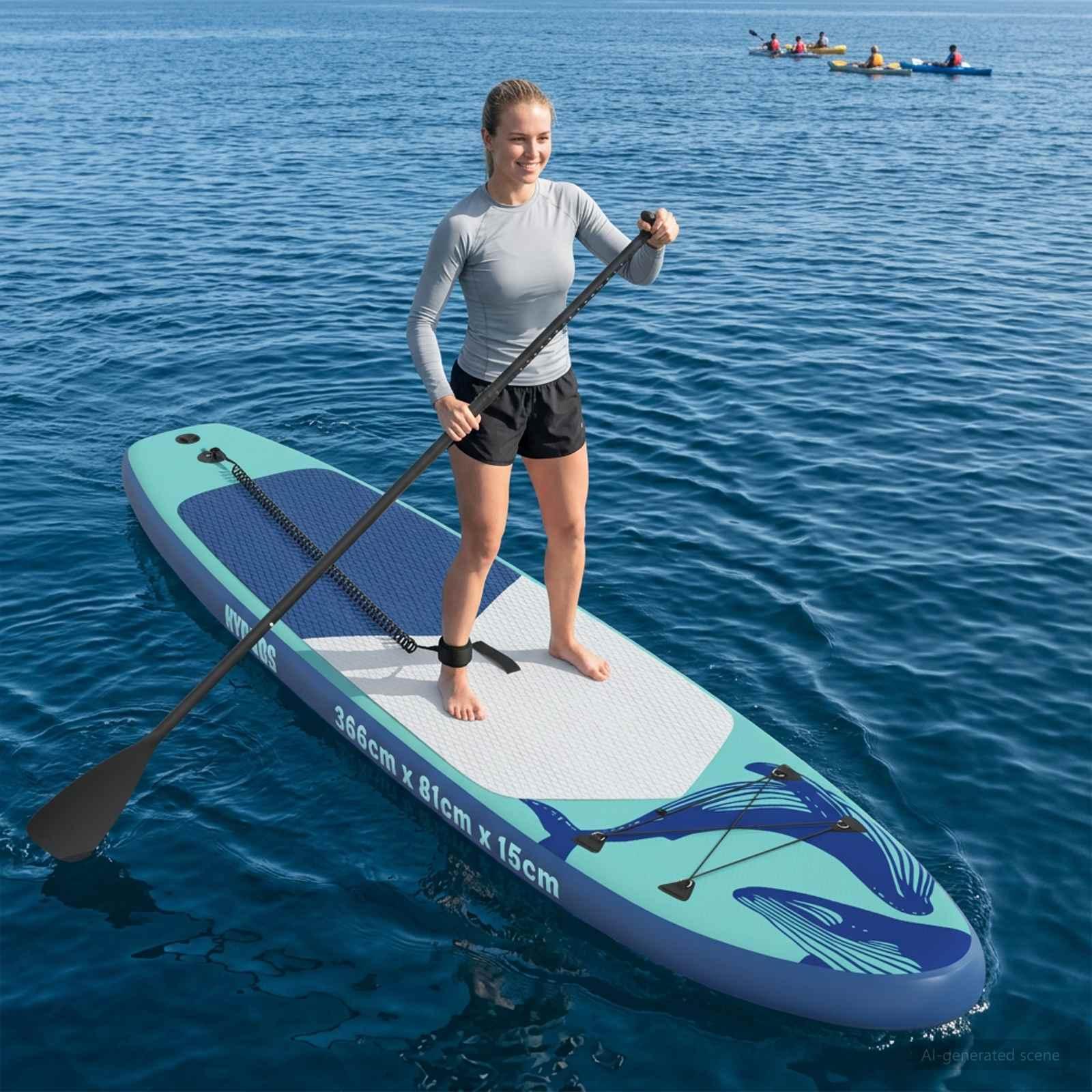 Oppusteligt stand up paddleboard - HYDROS 366 × 81 × 15 cm, turkis med hval-mønster