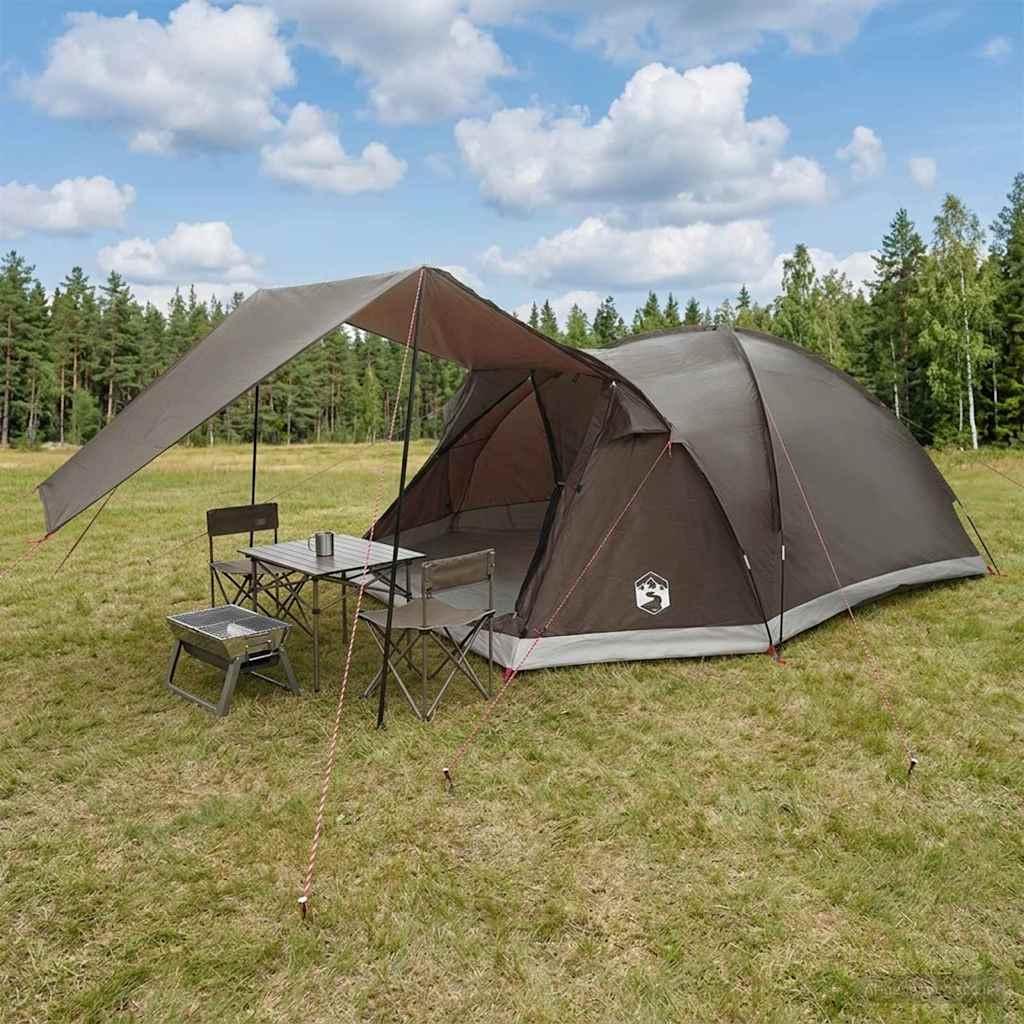 Hyttetelt med tag - brun/grå 6-personers campingtelt i polyester og stål