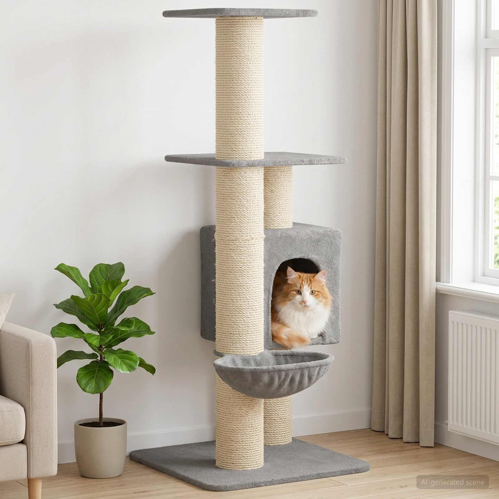 Kattetræ med sisal kløeposter - lysegrå, 137 cm