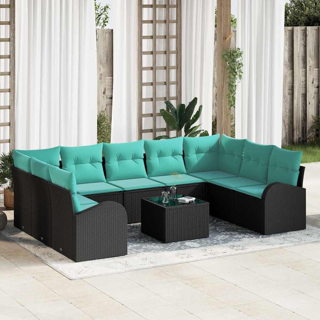 Havesofa sæt i polyrattan - 10 dele, sort/turkis, modulopbygget
