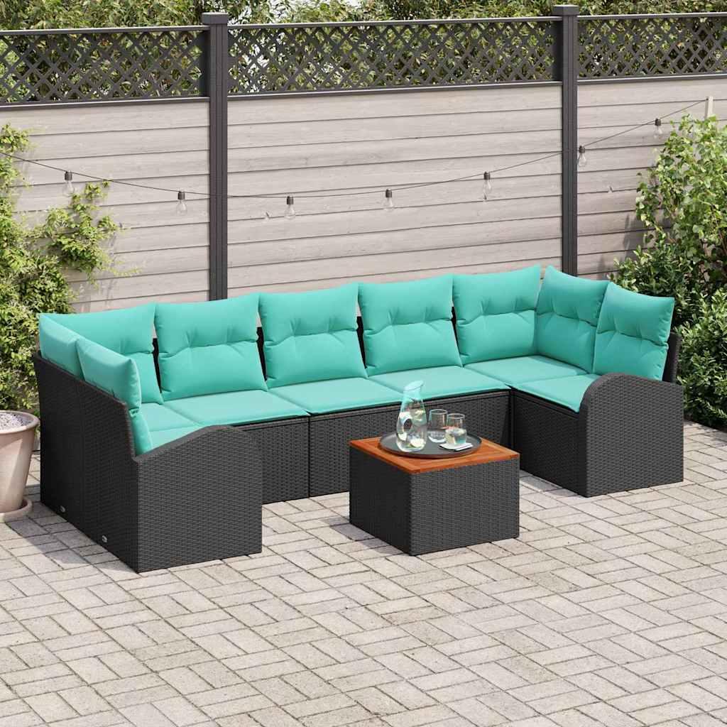 Havesofa-sæt med opbevaring - 8 dele i sort/turkis polyrattan