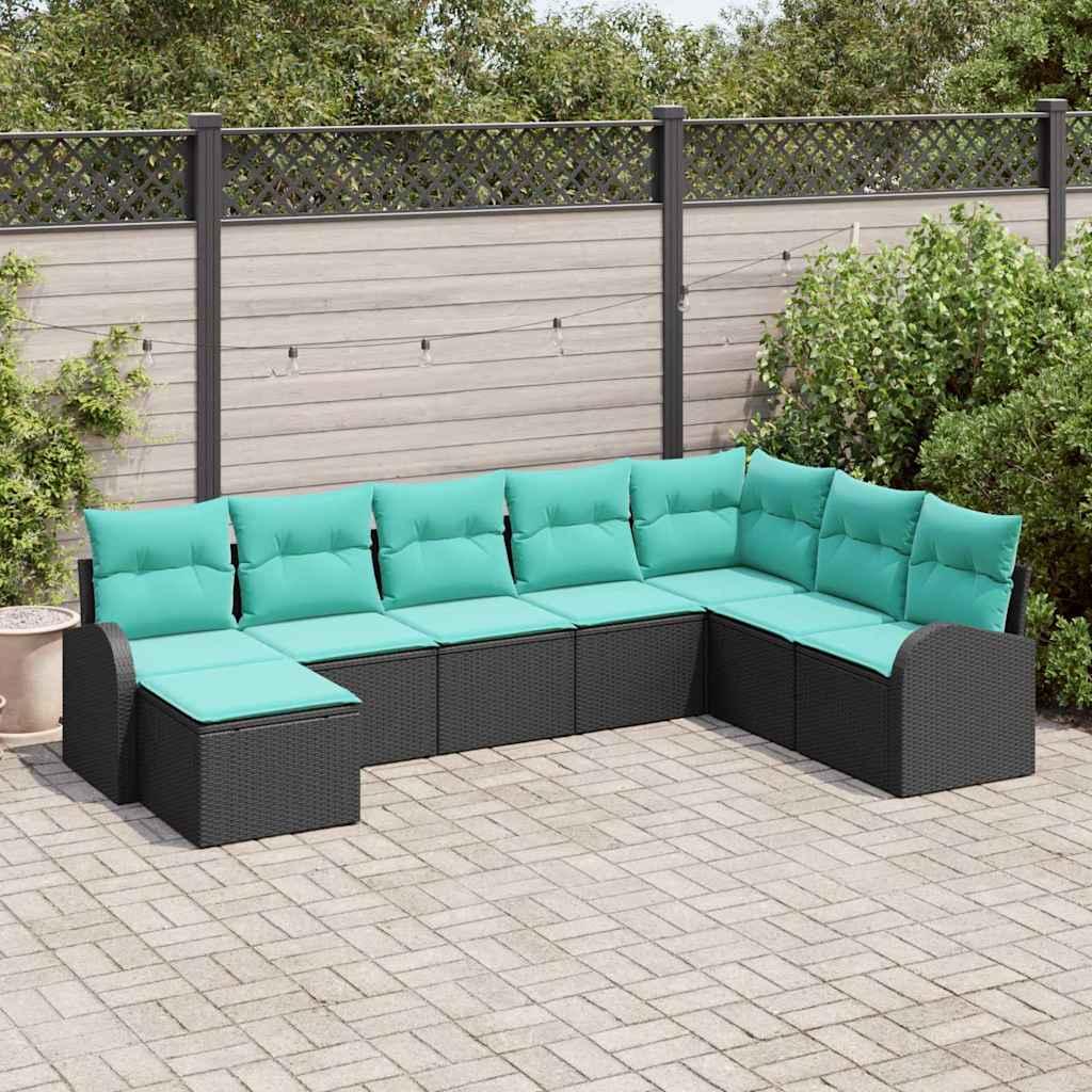 Sofasæt i polyrattan - 8 dele, sort/turkis, modulopbygget med puder og opbevaring