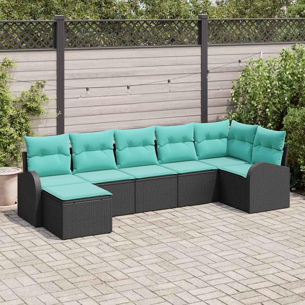 Sofasæt i polyrattan - 7 dele, sort/turkis, modulopbygget udendørs loungesæt