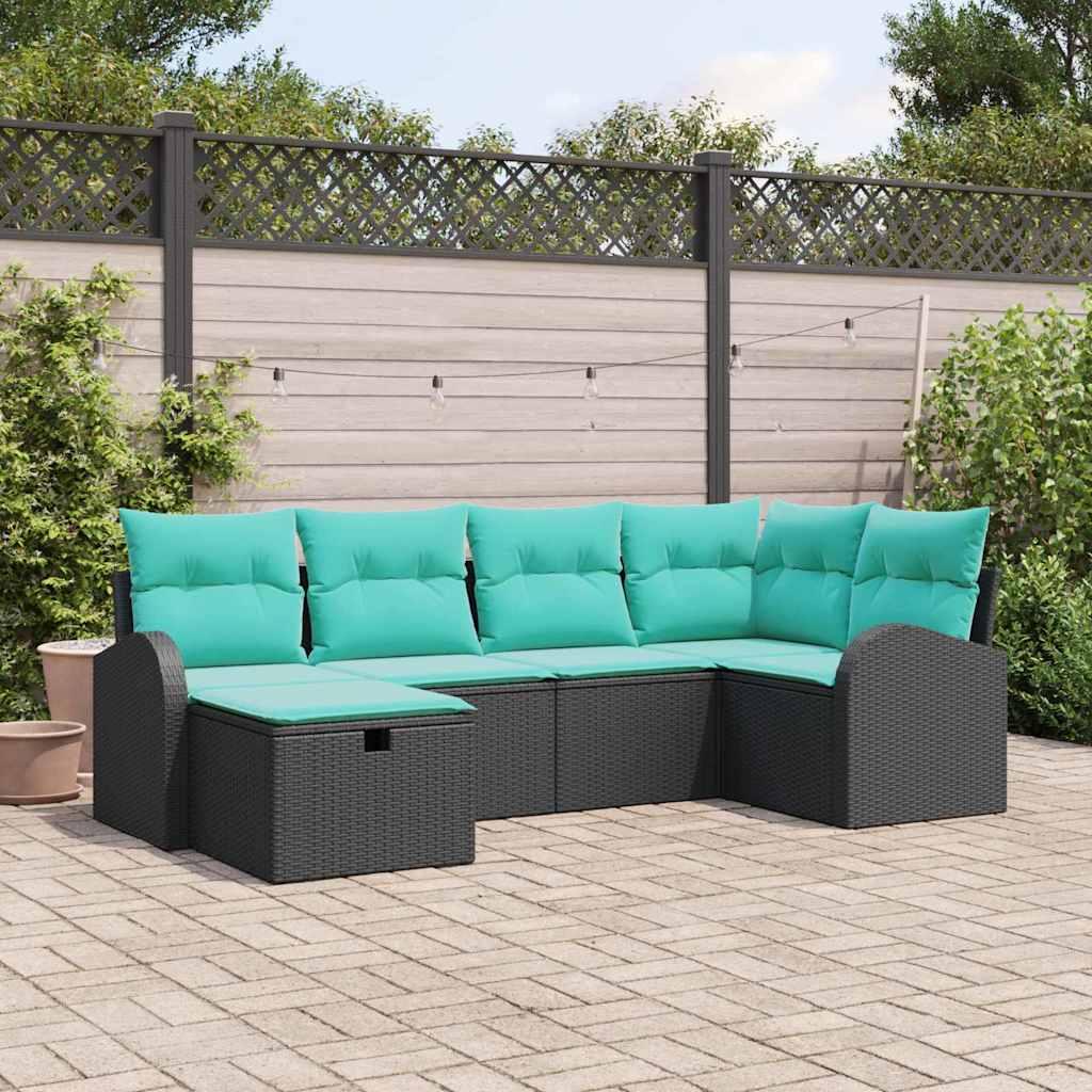 Modulært havesofasæt i sort polyrattan med puder og opbevaring - 6 pers.