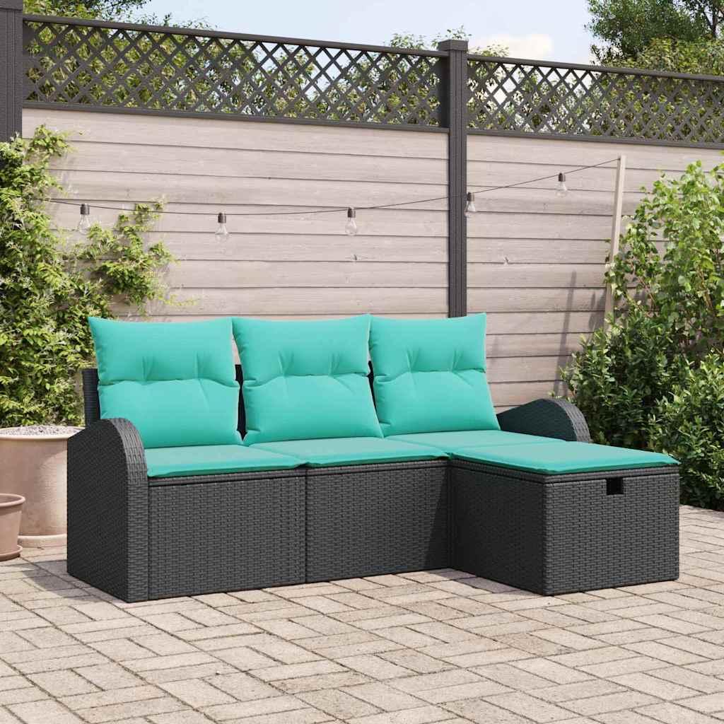 Modulært havesofa-sæt med opbevaring, 4 dele - sort polyrattan