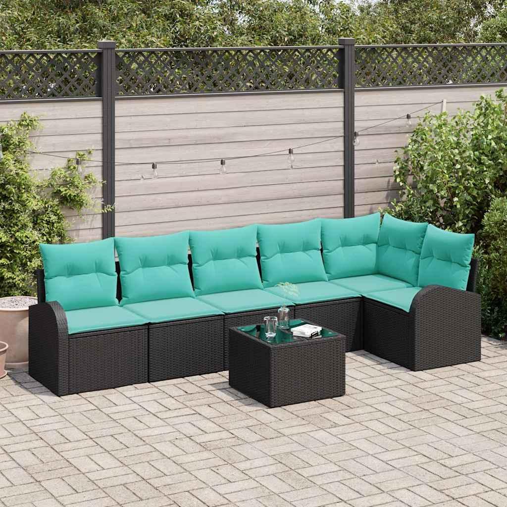 Havesofa sæt i polyrattan - 7 dele, sort/turkis, modulært