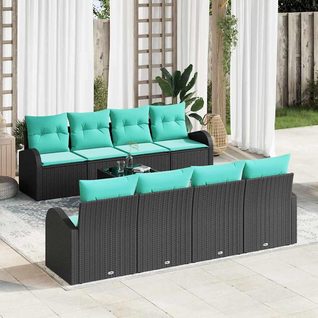 Sofa sæt med puder - 9 dele i sort/turkis polyrattan
