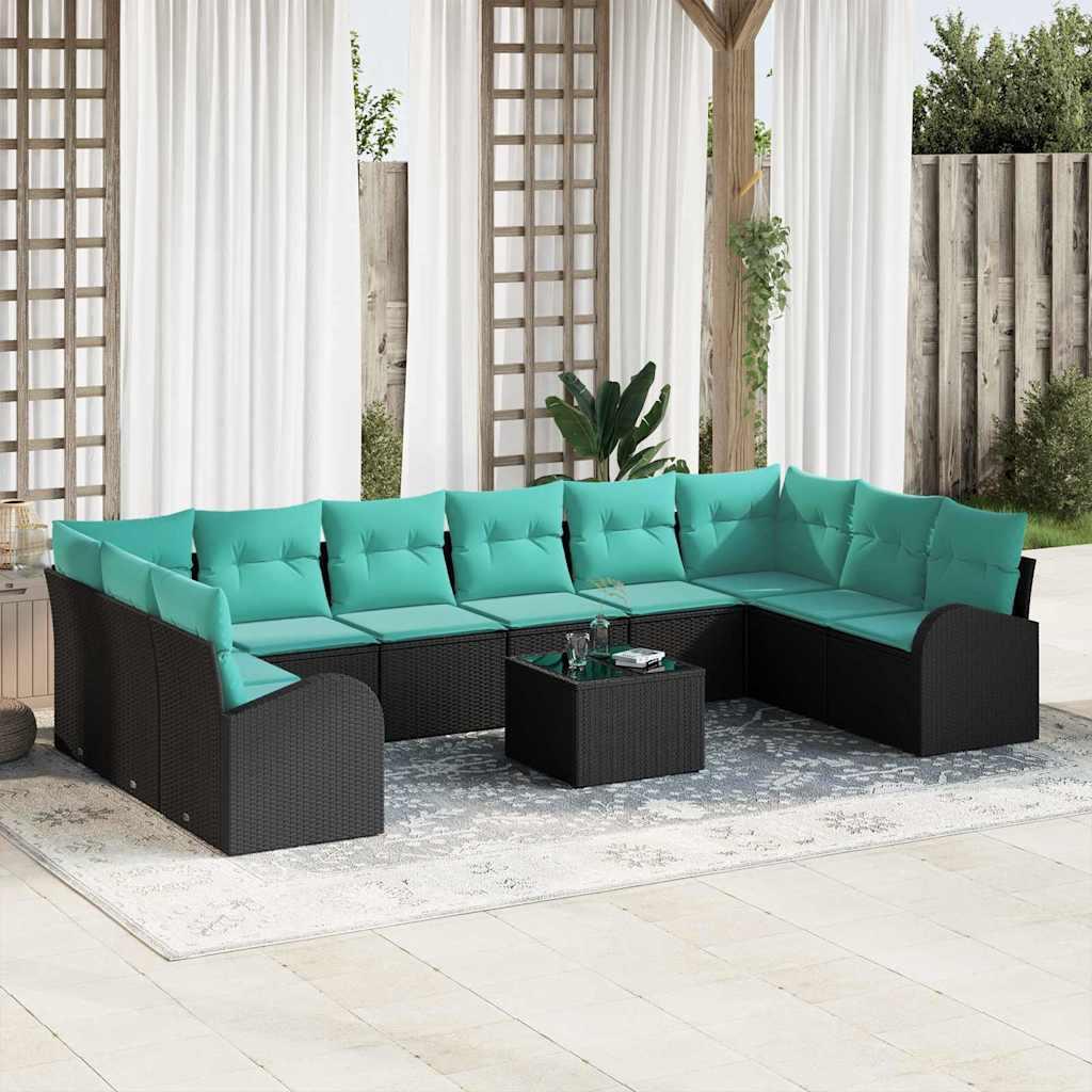 Havesofa sæt i polyrattan - 11 dele, sort/turkis, modulær loungesofa