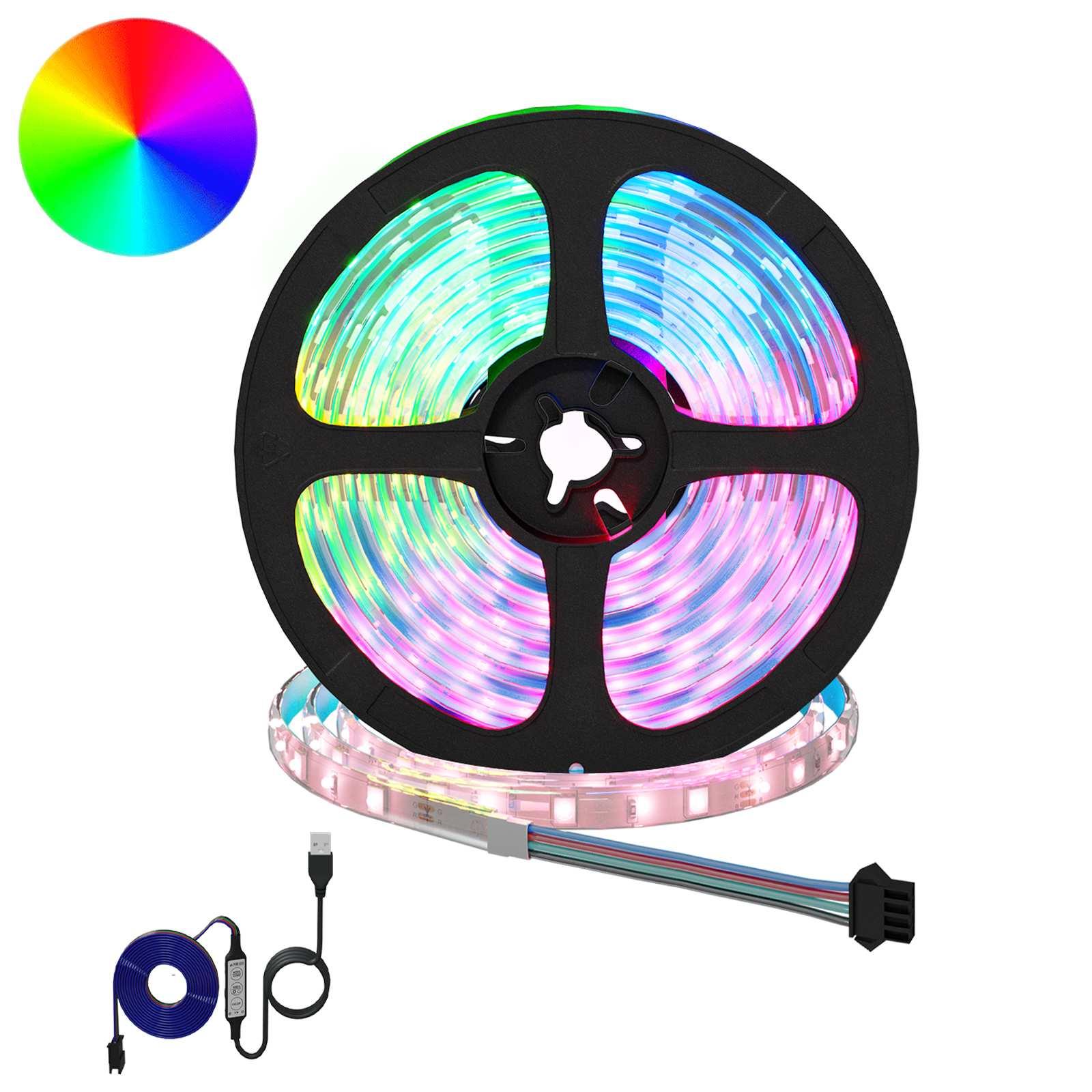 LED strip - 12 stk, 5,1 m, farveskift, USB, sort/gennemsigtig