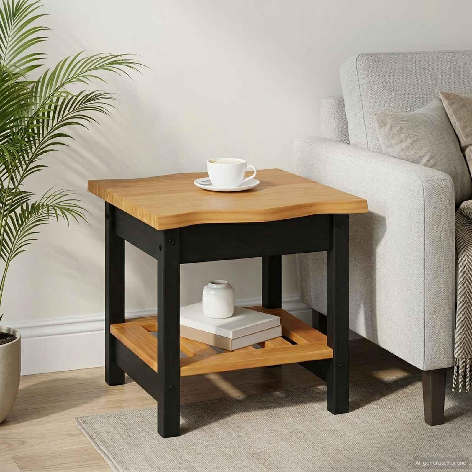 Sidebord med hylde - sort, 50 × 50 × 45,5 cm, massivt fyrretræ