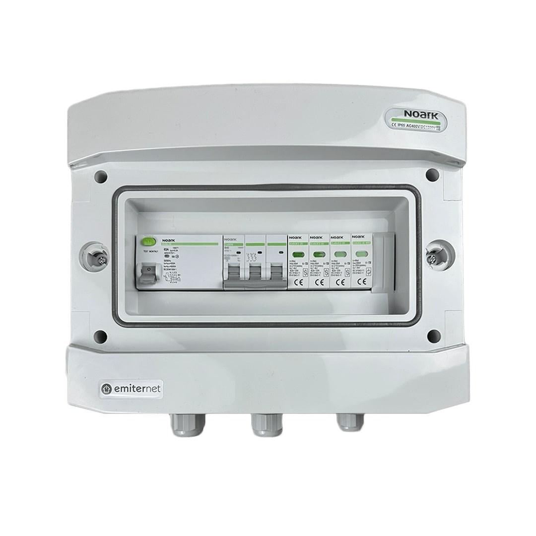 EMITER EM-749N AC tavle IP65 med type 2 overspændingsafleder, 40 A 3-faset + RCD type A 63 A/300 mA
