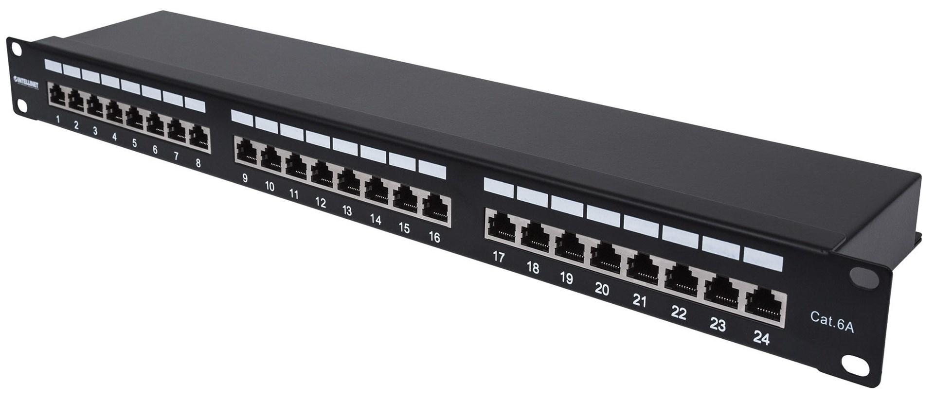 Intellinet patchpanel Cat6a F/UTP - 24 porte, 1U, skærmet, 90° top-entry, sort