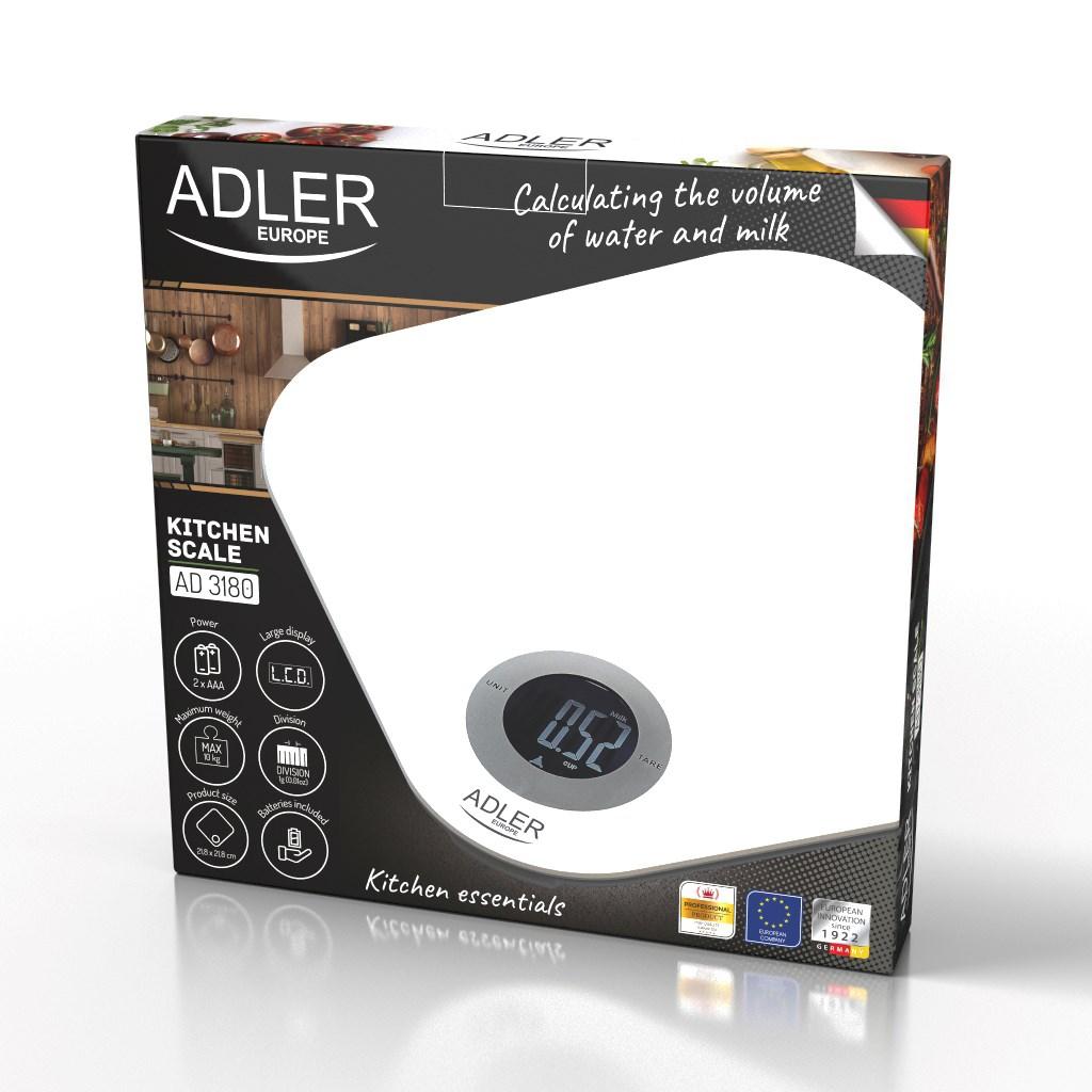 Adler AD 3180 køkkenvægt - elektronisk glasvægt 10 kg, hvid