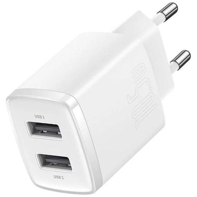 Baseus Compact Universal vægoplader - 2 x USB, 10,5 W - Hvid