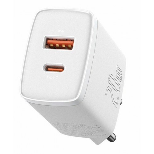 Baseus CCXJ-B02 20 W vægoplader - USB-A + USB-C, hurtigopladning, hvid