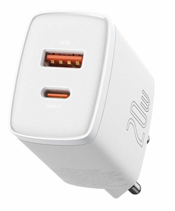 Baseus CCXJ-B02 20 W vægoplader - USB-A + USB-C, hurtigopladning, hvid