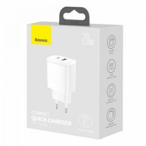 Baseus CCXJ-B02 20 W vægoplader - USB-A + USB-C, hurtigopladning, hvid