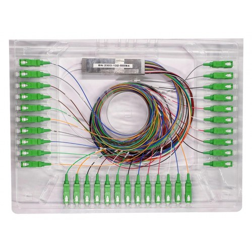 PLC optisk splitter 1×32 - symmetrisk, SM G.657A1, SC/APC, 0,9 mm, 1 m (metalrør)