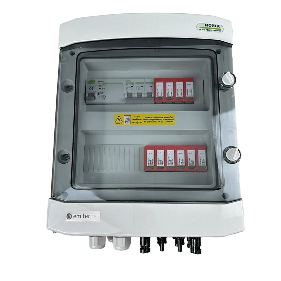 EMITER DC/AC kapslet tavle IP65 med Dehn type 2 overspændingsbeskyttelse - 2× PV-string, 2× MPPT, AC Dehn type 2, 25 A 3-faset, RCD 40 A/300 mA