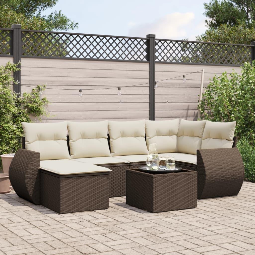 Havesofasæt i polyrattan - 7 dele med hynder, brun