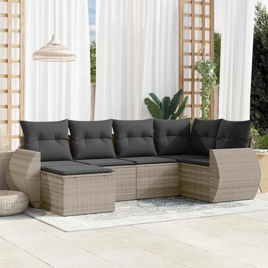 Havesofasæt i polyrattan, 6 dele med hynder - lysegrå
