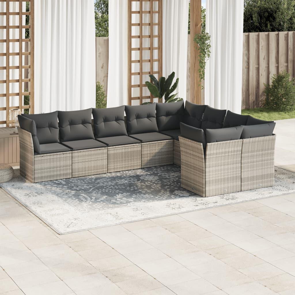 Sofasæt til haven - 9 dele med hynder i polyrattan, lysegrå