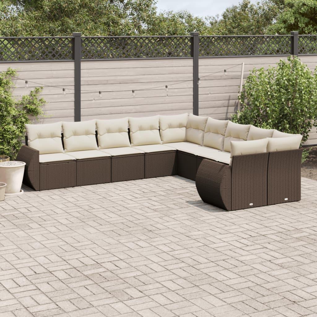 Havesofasæt i polyrattan - 10 dele med hynder, brun