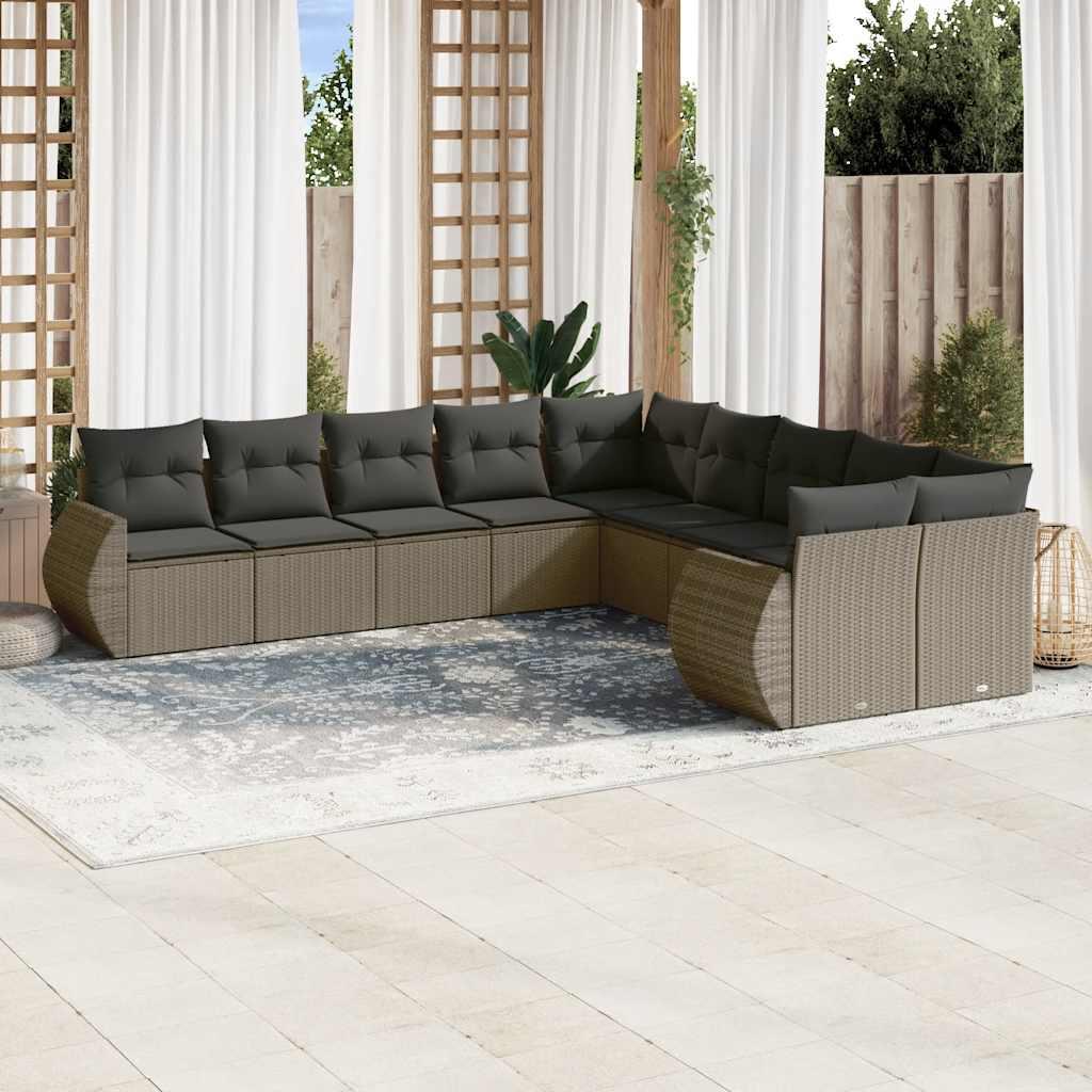 Sofasæt til haven - 10 dele i polyrattan, lysegrå med mørkegrå hynder