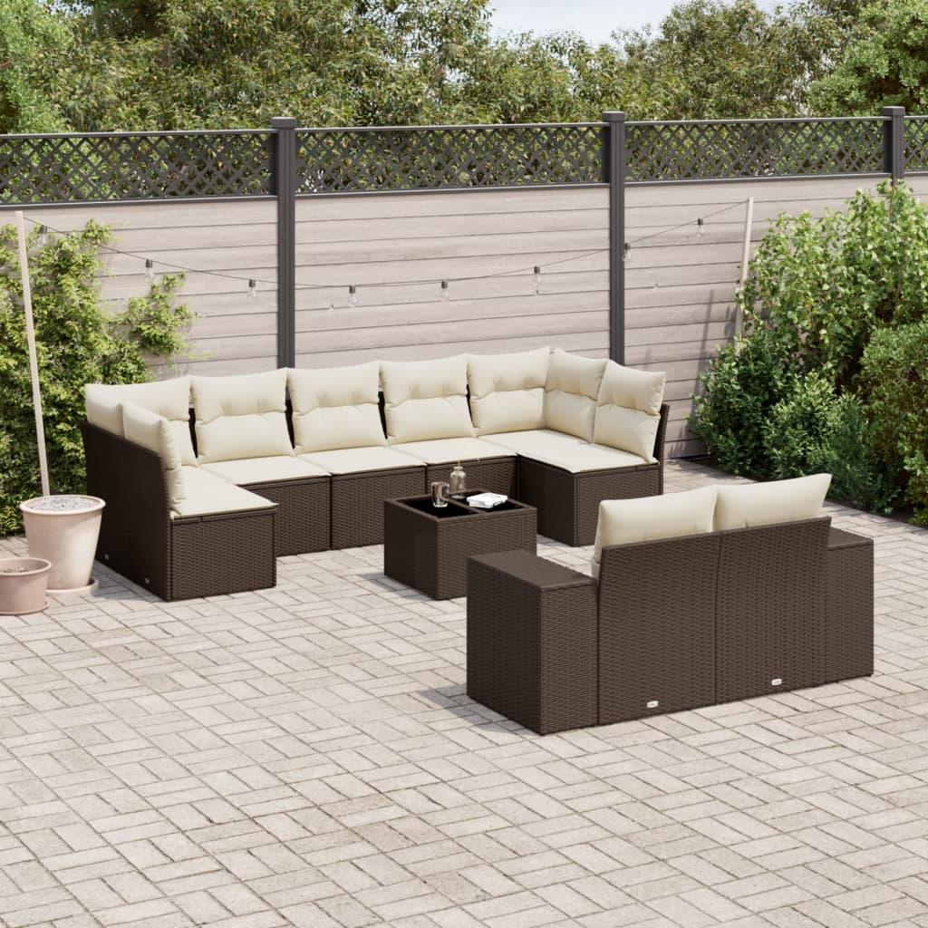 Sofasæt til haven - 10 dele med hynder i polyrattan, brun