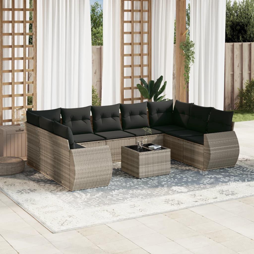 Sofasæt til haven i polyrattan - 10 dele med hynder, lysegrå
