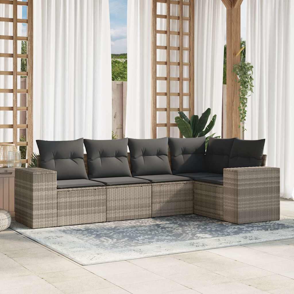 Sofasæt til have - 5 dele i polyrattan, lysegrå med mørkegrå hynder