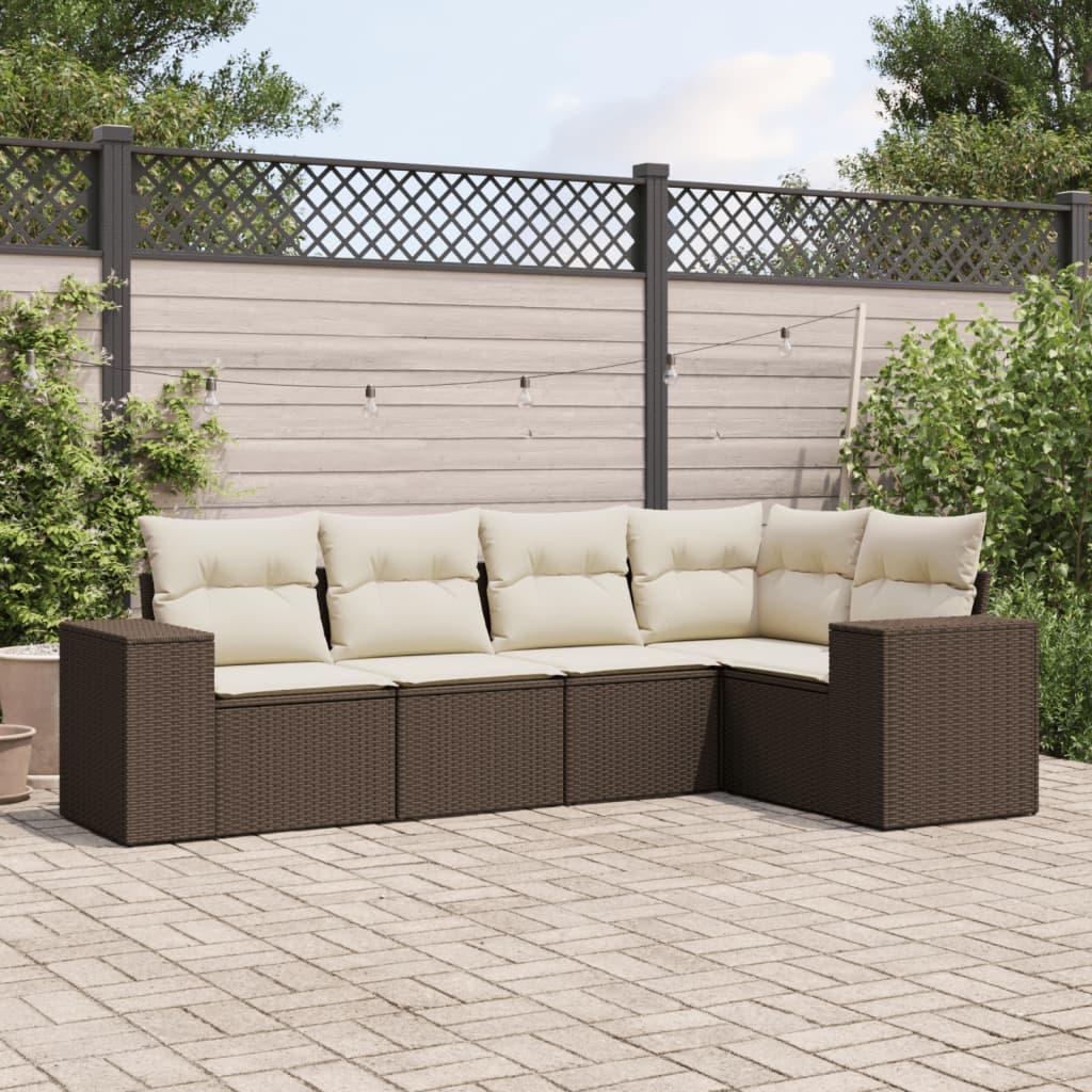 Sofasæt til haven i polyrattan - 5 dele med hynder, brun