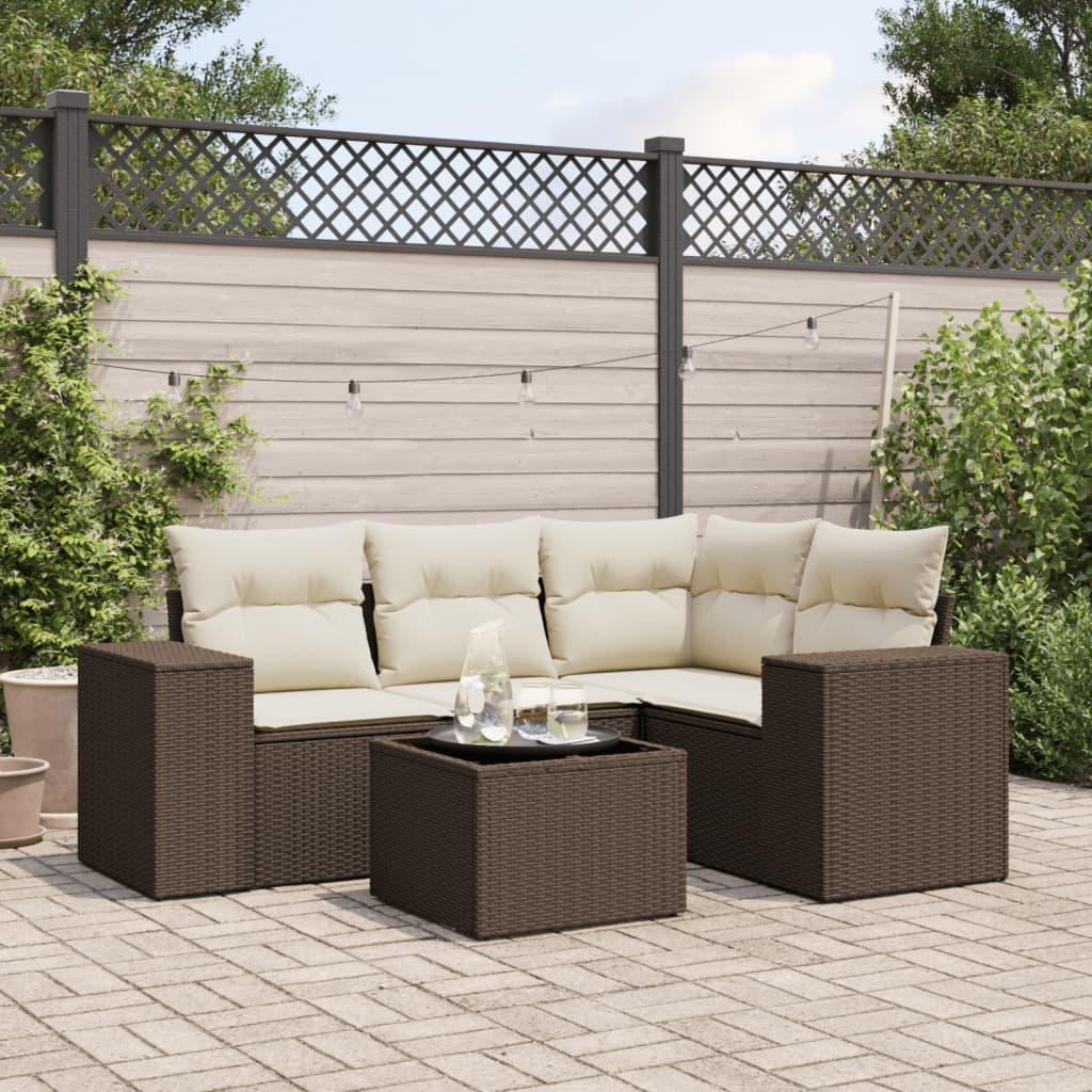 Sofasæt til haven i polyrattan - 5 dele med hynder, brun