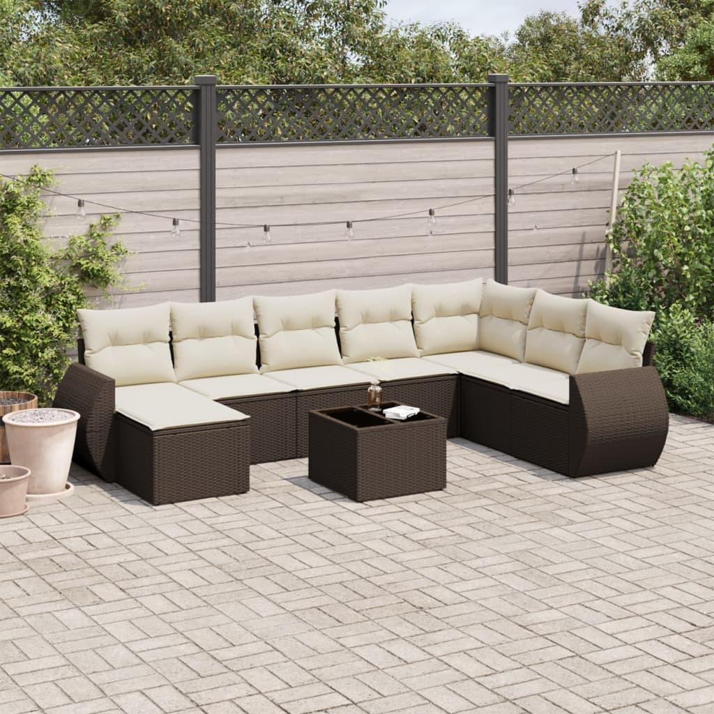 Havesofasæt i polyrattan, 9 dele med hynder - brun