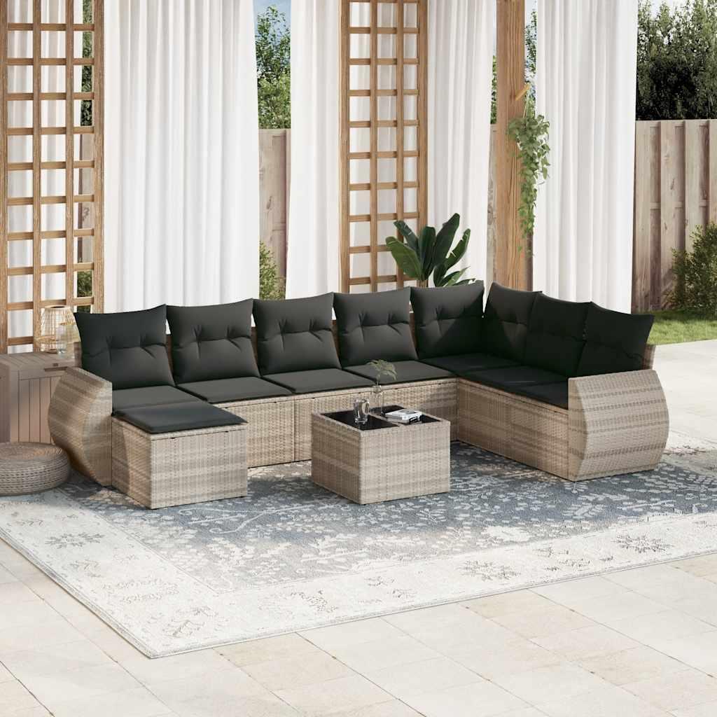 Sofasæt til haven i polyrattan - 9 dele med hynder, lysegrå