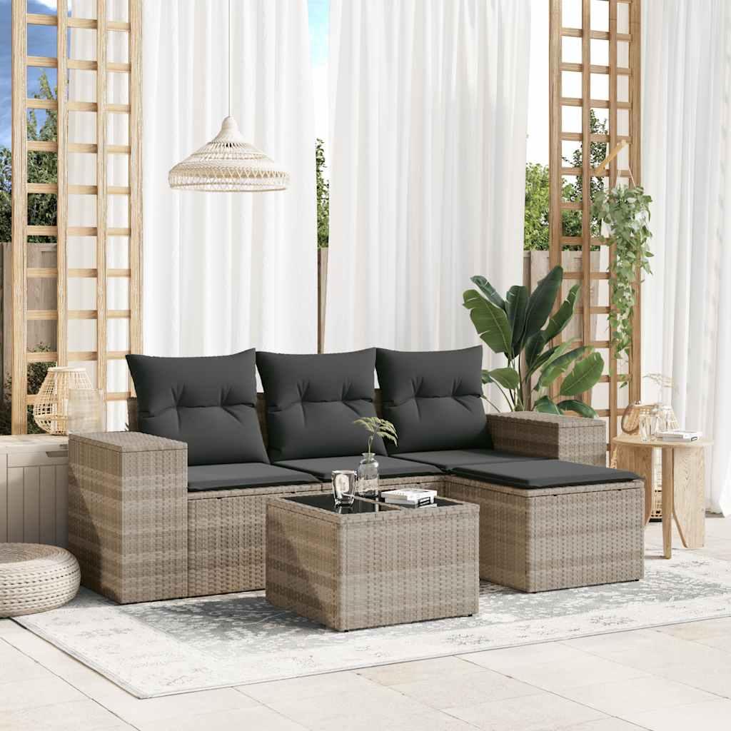 Sofasæt til haven i polyrattan, 5 dele med hynder - lysegrå
