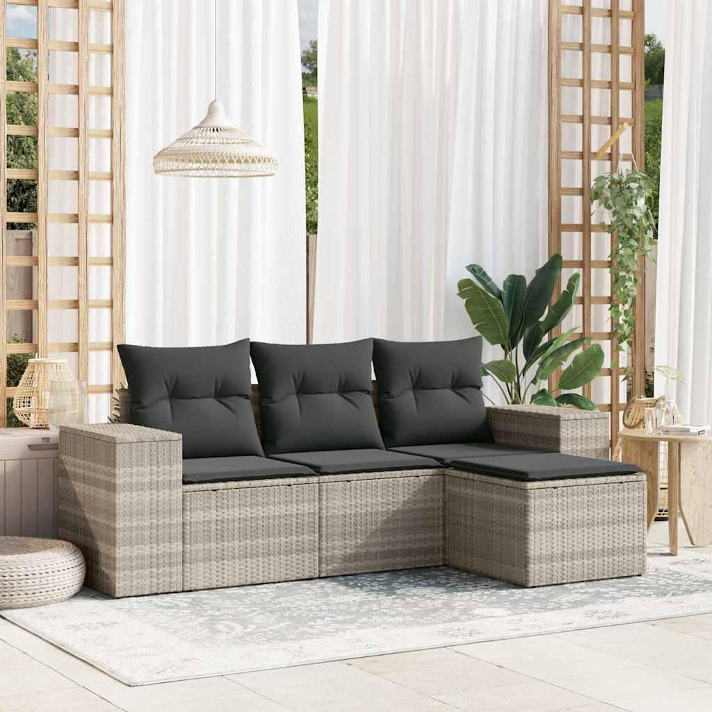 Sofasæt til haven - 4 dele i polyrattan, lysegrå med mørkegrå hynder
