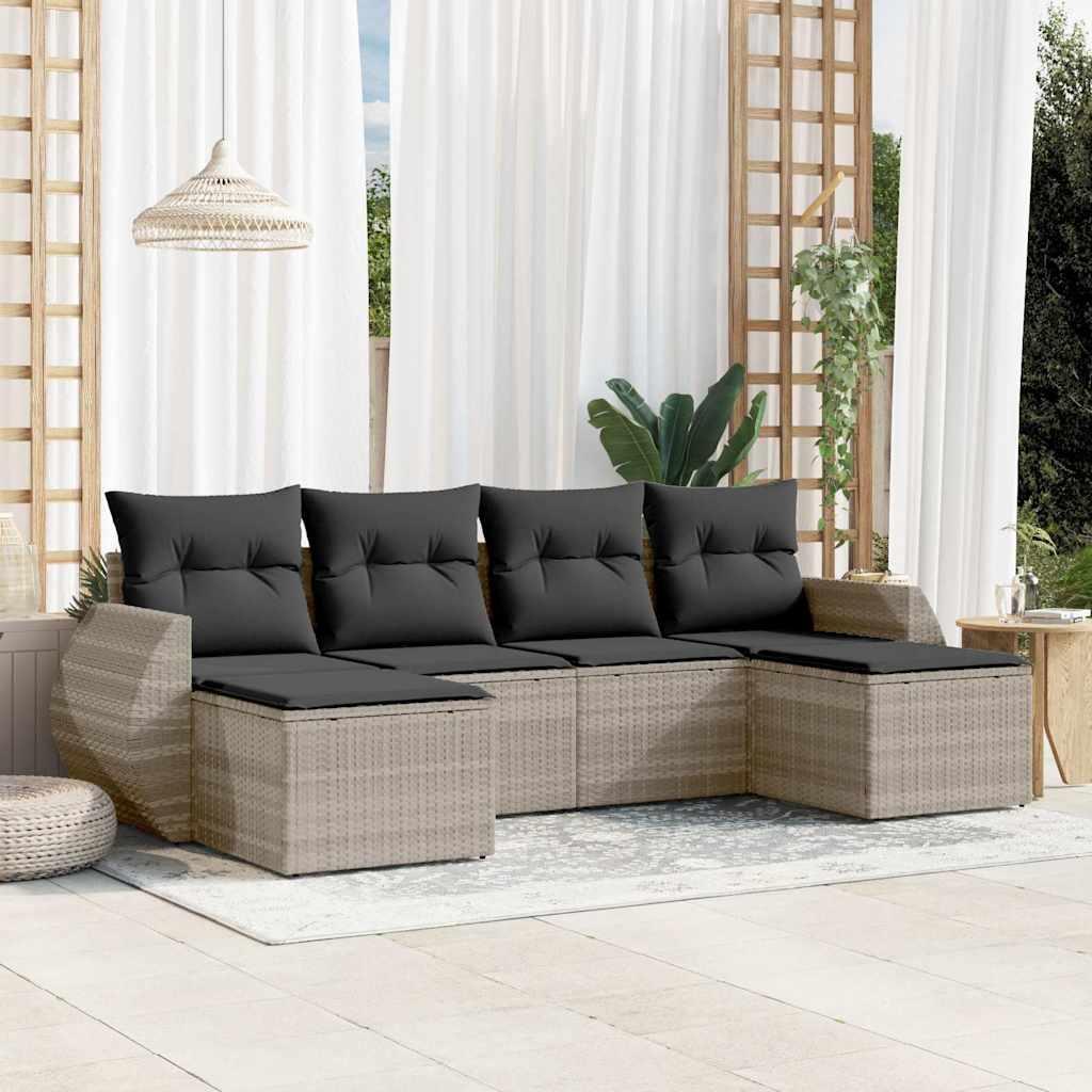 Sofasæt til haven i polyrattan, 6 dele med hynder - lysegrå